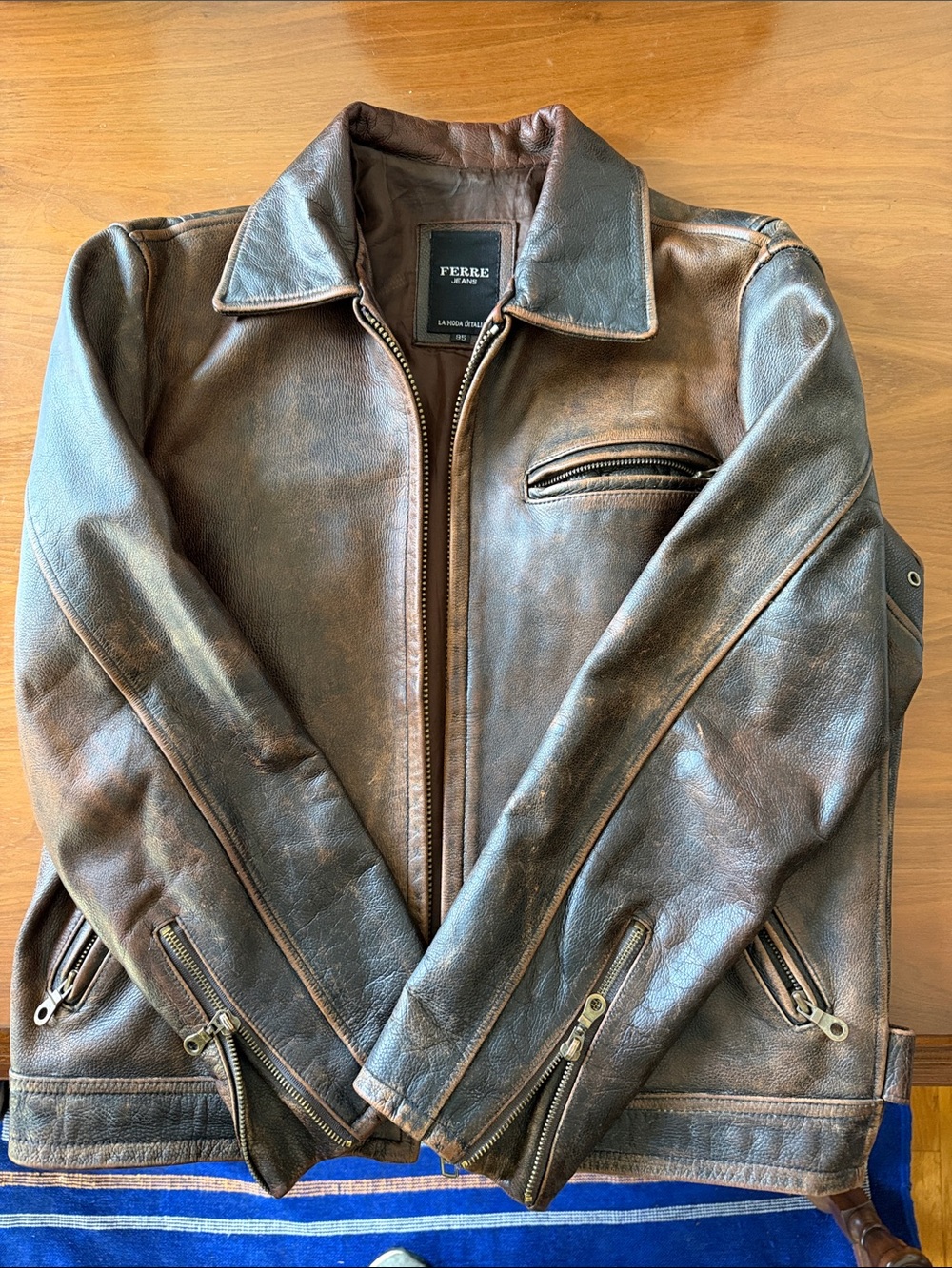 Gianfranco Ferre Women’s Distressed Brown Leather Bomber Aviator Jacket